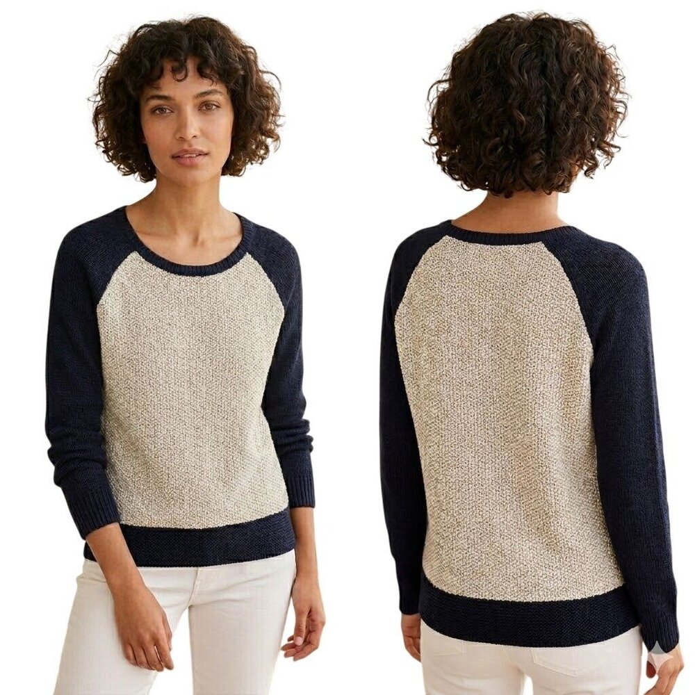 Ann Taylor LOFT Womens Sweater Large Beige Navy Linen Blend Colorblock Knit
